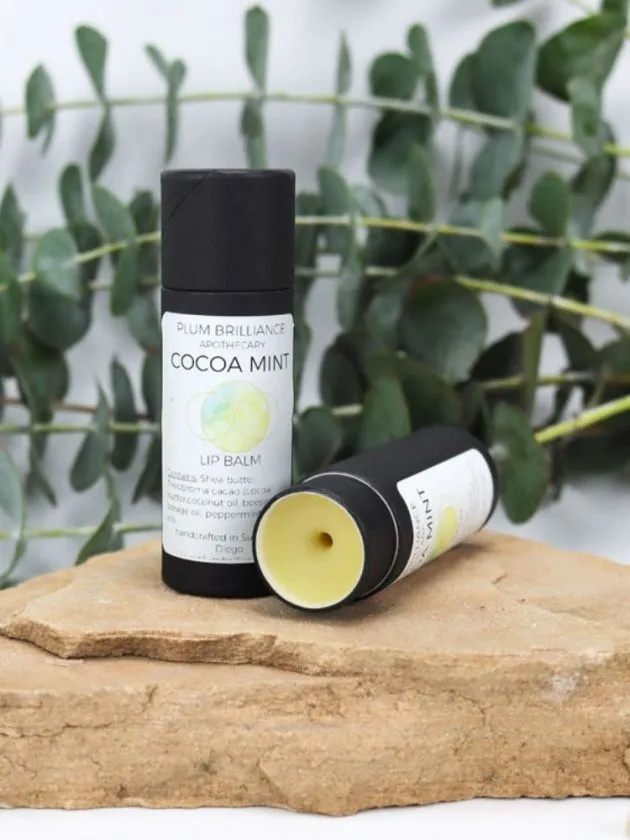 Zero waste artisan made cocoa mint lip balm from Plum Brilliance