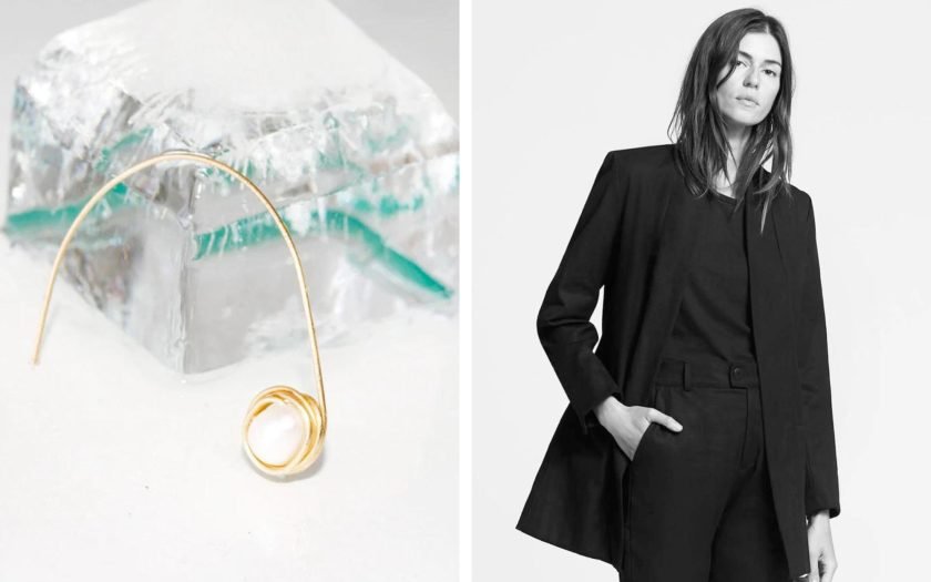 Sustainable earrings and black suit