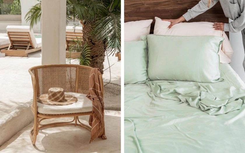 Sustainable mint linen bed sheets and chair decor 