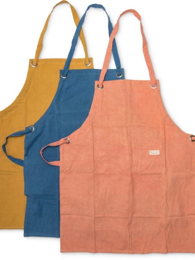 Yellow, blue and pink sustainable aprons from Full Circle Home