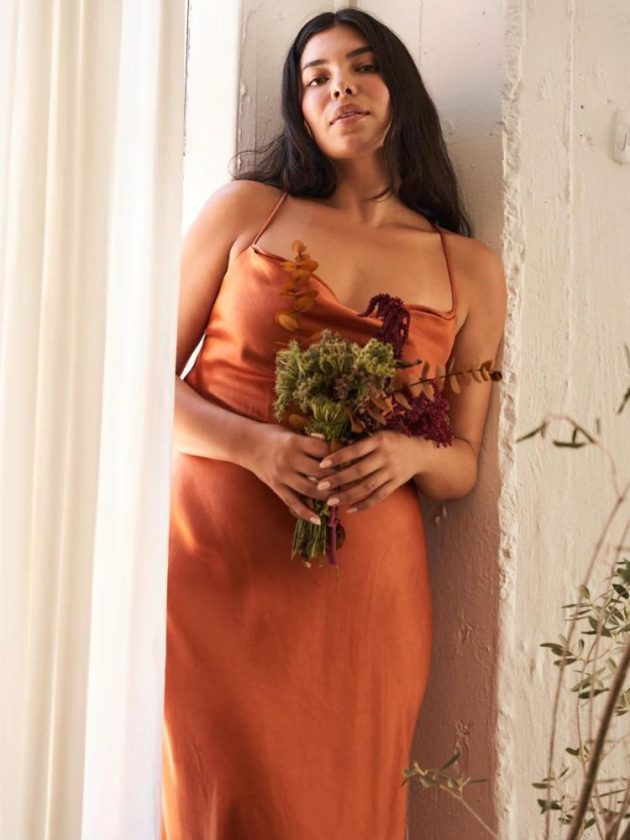 orange sustainable bridesmaid dress formalwear from Whimsy and Row