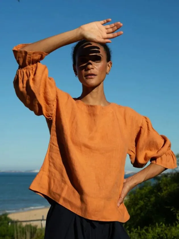 orange linen top from UK linen clothing brand Beaumont Organic