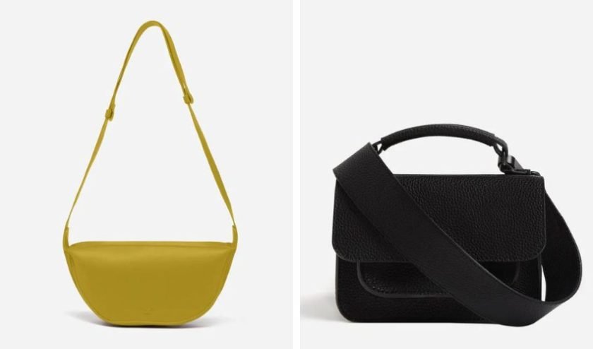 yellow recycled sustainable baguette bag and black sustainable crossbody