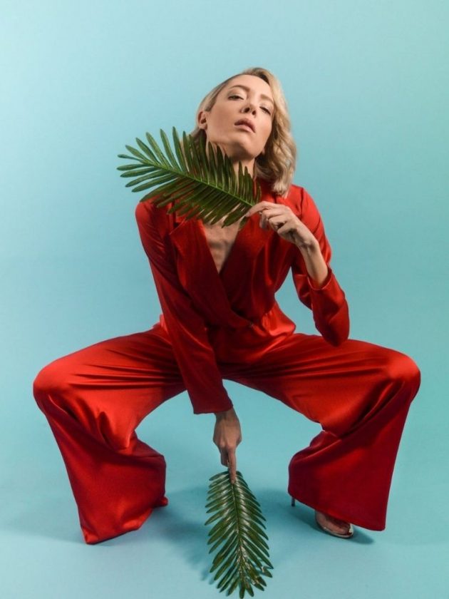 Red silk jumpsuit - sustainable eveningwear