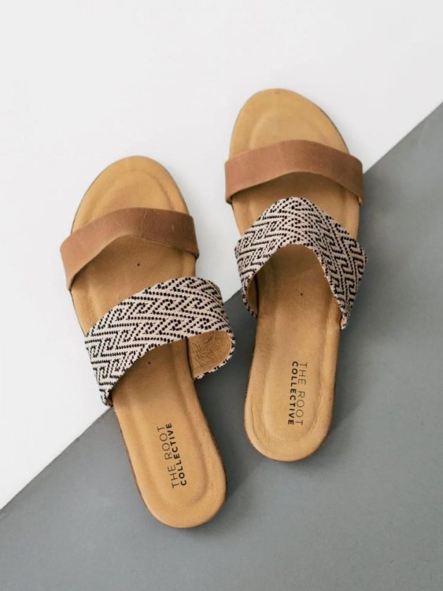 beige and patterned ethical sandals from The Root Collective