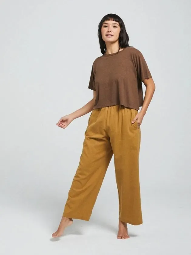 Hemp made yellow trousers and brown shirt