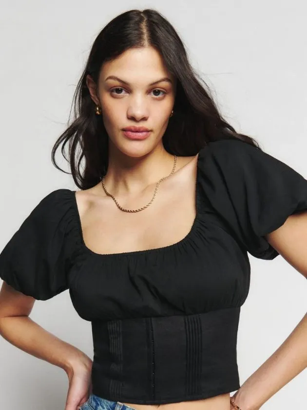 puff sleeve black sustainable linen top