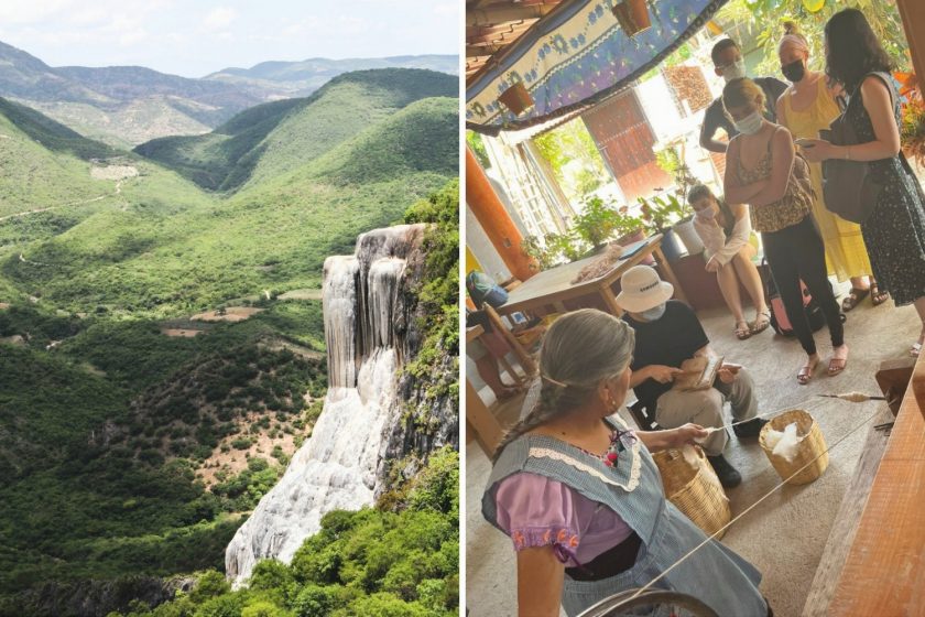 Waterfall and mountains; women's weaving collective in Oaxaca - ecotourism in Mexico