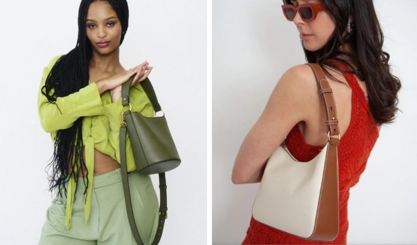 green recycled bucket bag and brown and white vegan sustainable baguette bag