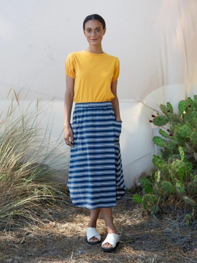 Ethical stripey skirt and yellow shirt