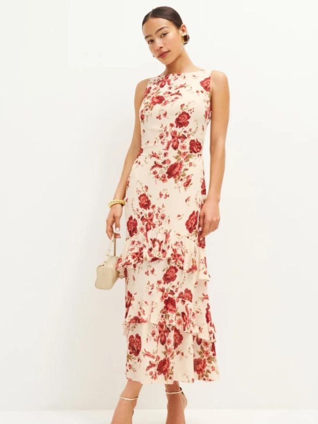 red floral sustainable formal dress from Reformation