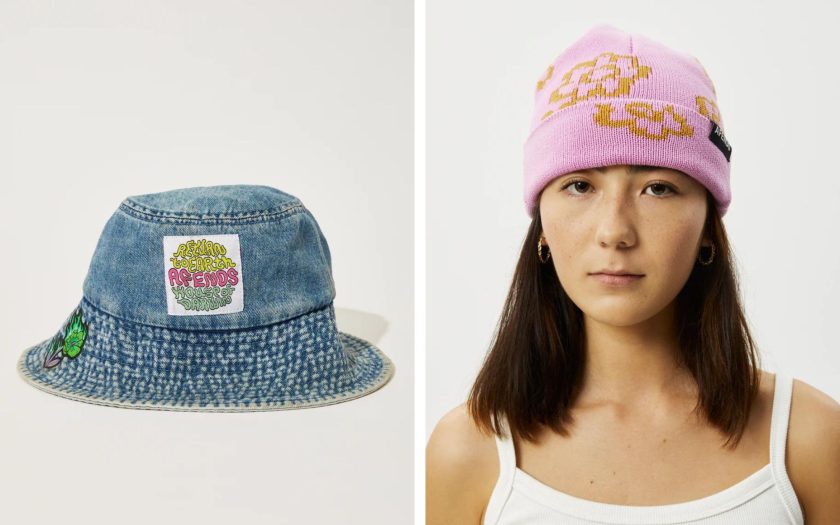 Sustainable pastel pink and denim blue hats