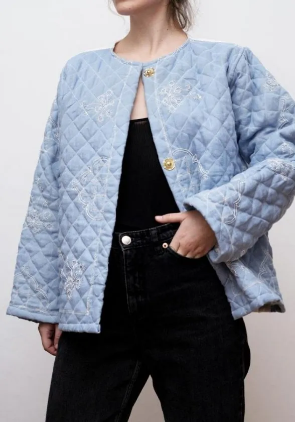 upcycled blue quilt jacket from Hotel Vetements